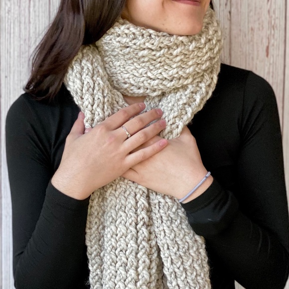 Chunky Cream Wheat Knitted Wool Scarf Long - Picture 6 of 8
